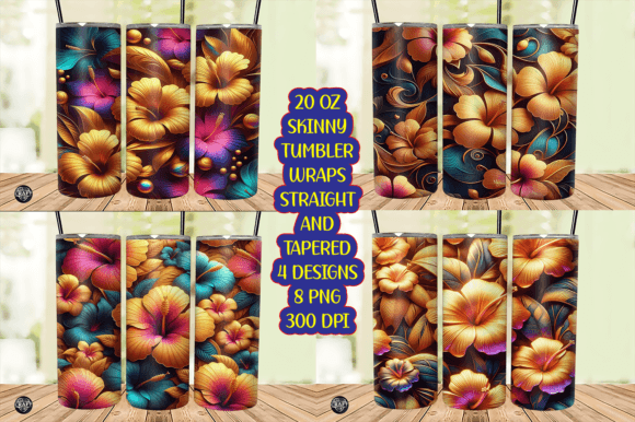 3D Hibiscus Flowers Tumbler Wraps PNG